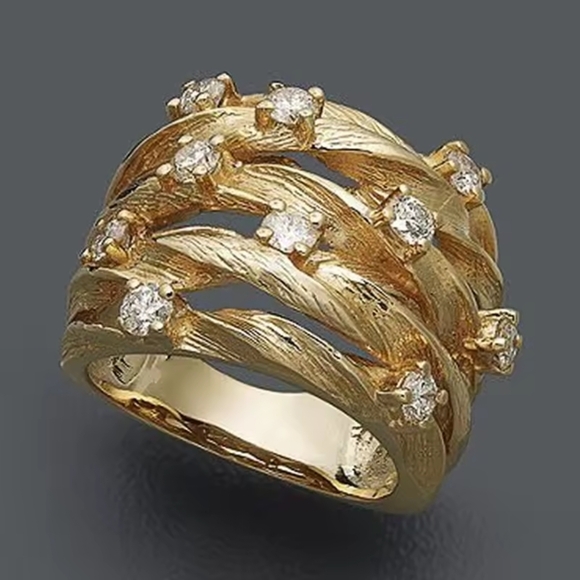 Gold-Tone Braided Multi-Band Ring with Sparkling Accents - Picture 3 of 9